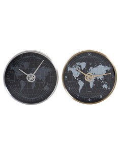 Horloge Murale DKD Home Decor Noir Doré Argenté Aluminium Verre Mappemonde 30 x 4,3 x 30 cm (2 Unités)