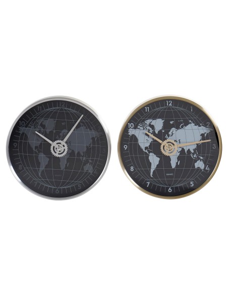 Horloge Murale DKD Home Decor Noir Doré Argenté Aluminium Verre Mappemonde 30 x 4,3 x 30 cm (2 Unités)