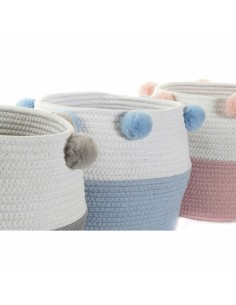 Panier DKD Home Decor Gris Bleu ciel Rose clair Pompons 30 x 30 x 26 cm Bois (3 Unités) (12 Unités) 2