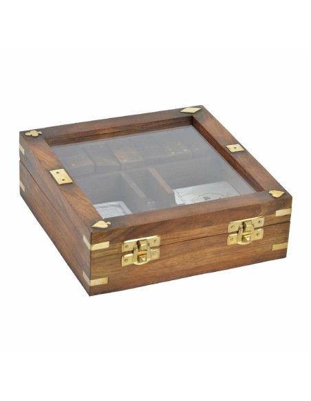 Jeu de société DKD Home Decor Sheesham 17 x 17 x 5,5 cm Doré Marron 4 Pièces