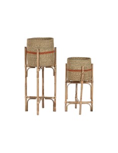 Set de pots de fleurs Home ESPRIT Naturel Jute Bois de manguier 26 X 26 X 67 cm (2 Pièces)