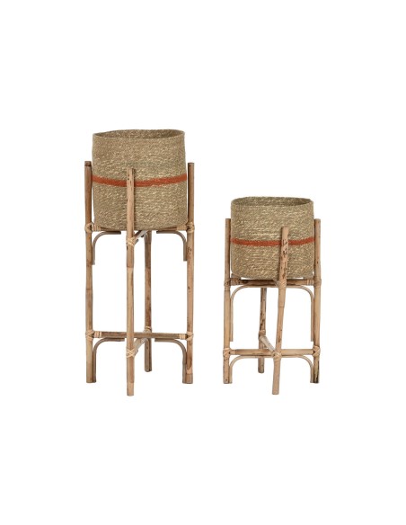 Set de pots de fleurs Home ESPRIT Naturel Jute Bois de manguier 26 X 26 X 67 cm (2 Pièces)