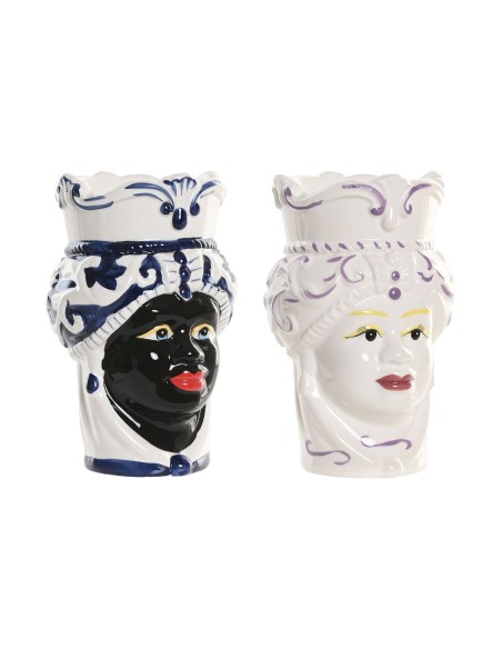 Cache-pot Home ESPRIT Bleu Blanc Noir Porcelaine 12 x 12 x 20 cm (2 Unités)