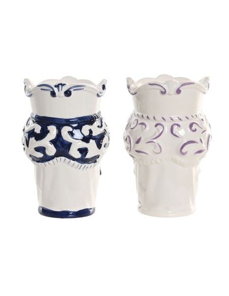 Cache-pot Home ESPRIT Bleu Blanc Noir Porcelaine 12 x 12 x 20 cm (2 Unités)