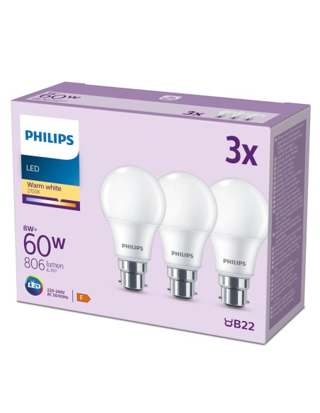 Lampe LED Philips 60 W Mat Vert tendre F 8 W 60 W B22 3 Unités (2700 K)