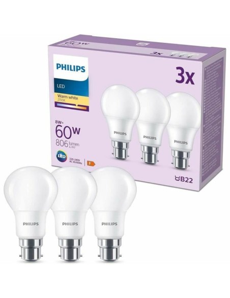 Lampe LED Philips 60 W Mat Vert tendre F 8 W 60 W B22 3 Unités (2700 K)