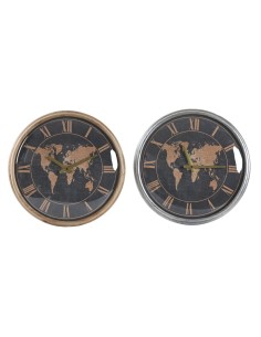 Horloge Murale DKD Home Decor 46 x 6,5 x 46 cm Verre Argenté Noir Doré Marron Fer Mappemonde (2 Unités)