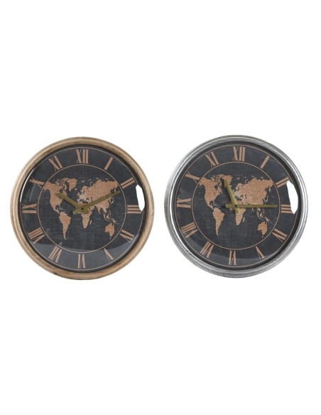 Horloge Murale DKD Home Decor 46 x 6,5 x 46 cm Verre Argenté Noir Doré Marron Fer Mappemonde (2 Unités)