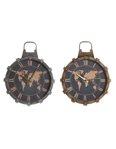 Horloge Murale DKD Home Decor Doré Argenté Verre Fer Mappemonde 42 x 8,5 x 54 cm (2 Unités)