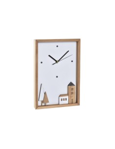 Horloge Murale DKD Home Decor Blanc Marron Bois Aluminium Maisons Urbaine 20 x 4 x 30 cm