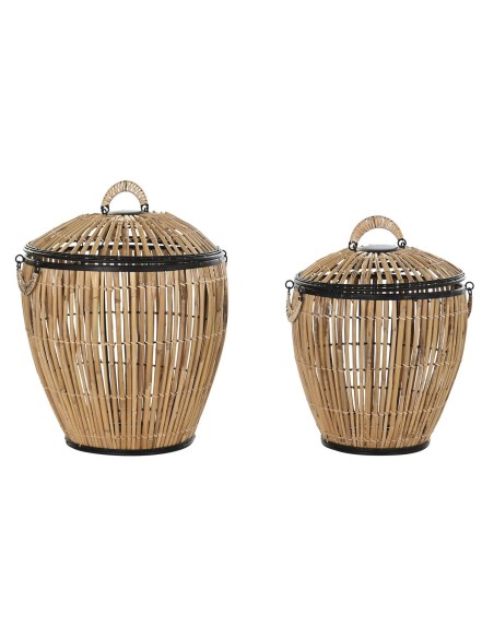 Lot de paniers DKD Home Decor Noir Naturel Métal Rotin 48 x 48 x 55 cm (2 Unités)
