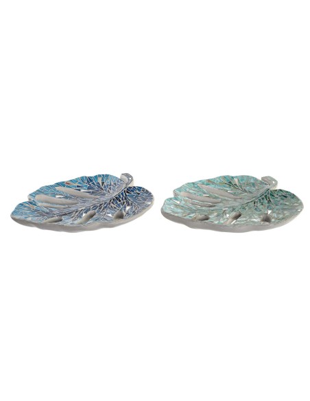 Centre de Table DKD Home Decor 43 x 36 x 9 cm Bleu Vert 45 x 36 x 9 cm Feuille d'une plante