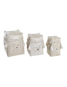 Set de basket DKD Home Decor Blanc Bambou Coquillages (24 x 24 x 30 cm) (3 Pièces) 2