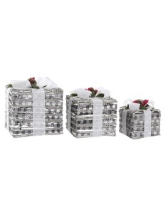 Set de boîtes décoratives DKD Home Decor LED Blanc Rouge Vert Argenté Métal Enneigé 25 x 25 x 29 cm (3 Pièces)