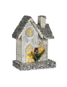 Figurine Décorative Maison Noël Lumière LED Paillettes Blanc Gris Bois 19,5 x 25 x 9 cm