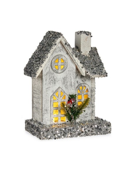 Figurine Décorative Maison Noël Lumière LED Paillettes Blanc Gris Bois 19,5 x 25 x 9 cm