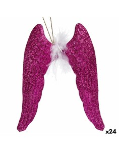 Décorations de Noël Ailes d'ange Fuchsia Plastique Paillettes 12,5 x 15 x 2,5 cm (24 Unités)