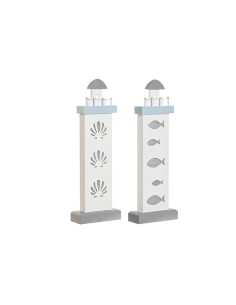Figurine Décorative DKD Home Decor 14 x 5,5 x 40 cm Bleu Blanc Phare Spirales Coquillage méditerranéen (2 Unités)