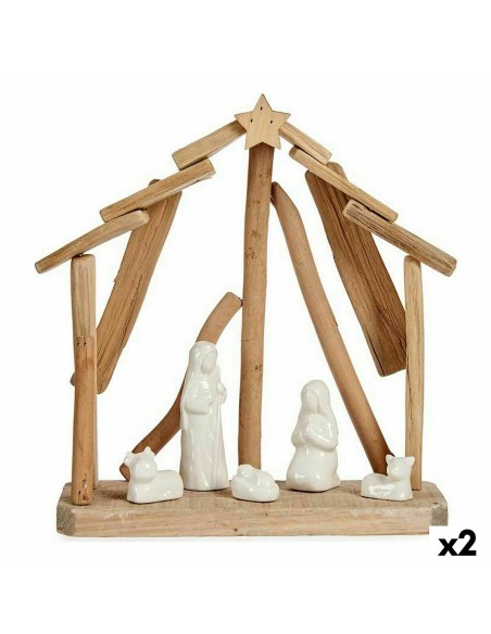 Crèche de Noël Céramique Marron Blanc 2 Unités 25 x 28 x 10 cm Naturel Bois (2 Unités)