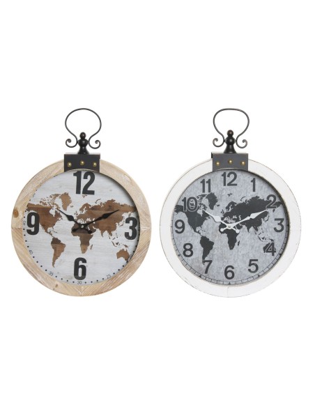 Horloge Murale DKD Home Decor 40 x 4 x 54 cm Verre Fer Bois MDF Mappemonde (2 Unités)