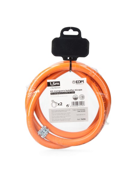 Tube de gaz butane EDM 74195 Butaflex 1,5 m 9 x 15 mm Double couche 2 pince