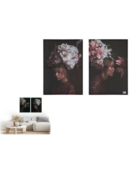 Jeu de 2 tableaux Toile Femme Fleurs 70 x 50 x 1,5 cm (6 Unités)