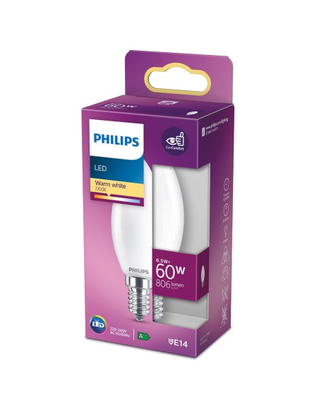 Lampe LED Philips Bougie E 6,5 W 60 W E14 806 lm 3,5 x 9,7 cm (2700 K)