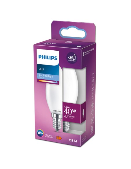 Lampe LED Philips Bougie Blanc F 40 W 4,3 W E14 470 lm 3,5 x 9,7 cm (6500 K)