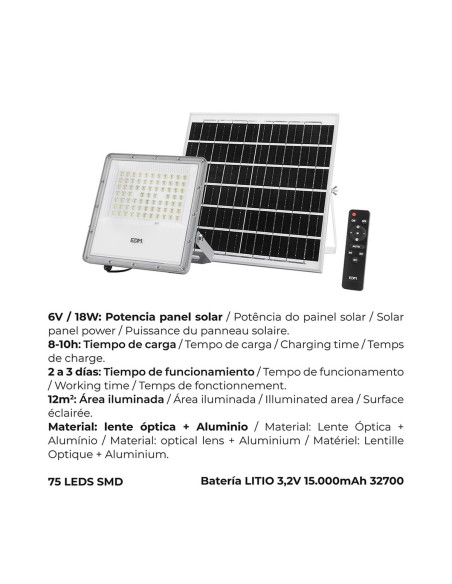 Projecteur EDM 31855 200 W 1500 lm Télécommande Panneau solaire photovoltaïque (6500 K)