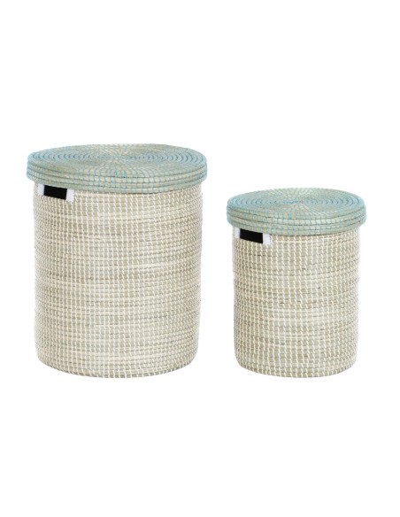 Set de basket DKD Home Decor Bleu Blanc Naturel Herbier marin 44 x 44 x 51 cm