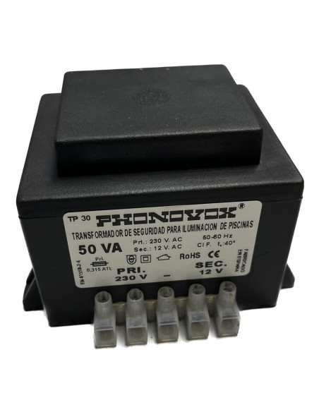 Transformateur de sécurité pour l'éclairage des piscines PHONOVOX tp31050 50 VA 12 V 230 V 50-60 Hz 9,8 x 7,9 x 6,4 cm
