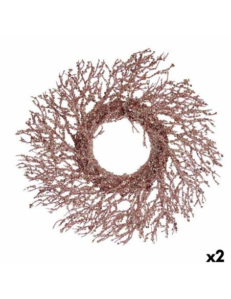 Couronne de Noël Branche Rose Plastique 50 x 10 x 50 cm (2 Unités)