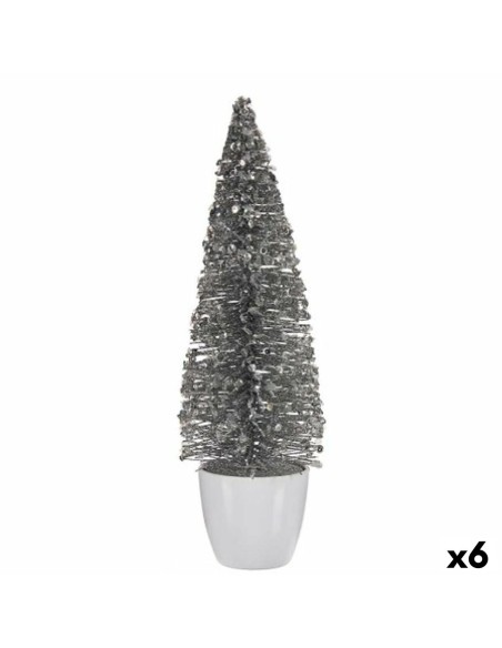 Figurine Décorative Sapin de Noël Blanc Argenté Plastique 10 x 33 x 10 cm (6 Unités)