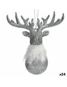 Décorations de Noël Renne Argenté Plastique Paillettes 13,5 x 15,5 x 7 cm (24 Unités)