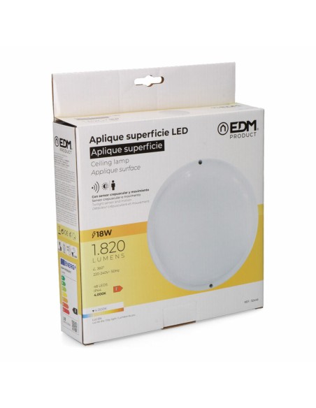 Applique Murale EDM 32446 Blanc Plastique F 18 W 120 W 1820 Lm Capteur de Mouvement Capteur de lumière Rond (4000 K)