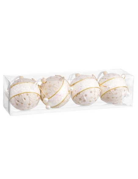 Boules de Noël Blanc Doré Polyfoam Tissu Lien 8 x 8 x 8 cm (4 Unités)