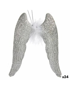 Décorations de Noël Ailes d'ange Argenté Plastique Paillettes 12,5 x 15 x 2,5 cm (24 Unités)