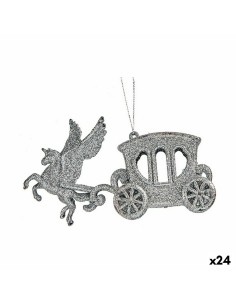 Décorations de Noël Calèche Magique Argenté Plastique Paillettes 15,5 x 8,5 x 4,5 cm (24 Unités)