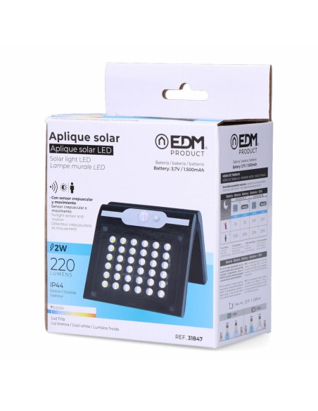 Applique Murale EDM 31847 Noir 2 W 220 lm Capteur de Mouvement Solaire (6500 K)