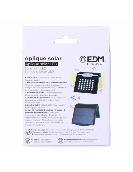 Applique Murale EDM 31847 Noir 2 W 220 lm Capteur de Mouvement Solaire (6500 K)