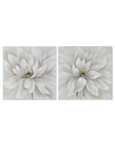 Cadre Home ESPRIT Blanc Toile Bois MDF Fleur Romantique 80 x 3 x 80 cm (2 Unités)