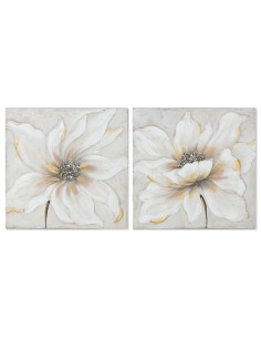 Cadre Home ESPRIT Blanc Beige Toile Bois MDF Fleur Romantique 50 x 2,5 x 50 cm (2 Unités)