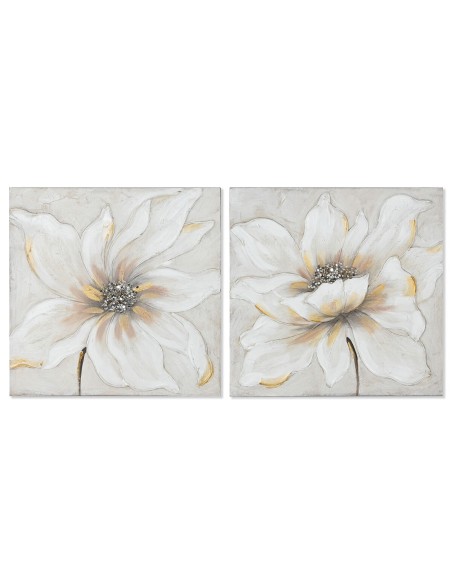 Cadre Home ESPRIT Blanc Beige Toile Bois MDF Fleur Romantique 50 x 2,5 x 50 cm (2 Unités)
