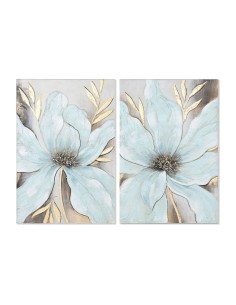 Cadre Home ESPRIT Bleu Doré Toile Bois MDF Fleur Shabby Chic 60 x 3 x 90 cm (2 Unités)