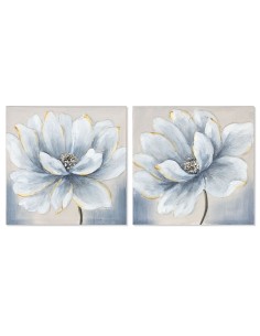 Cadre Home ESPRIT Bleu Blanc Toile Bois MDF Fleur Traditionnel 40 x 2,5 x 40 cm (2 Unités)