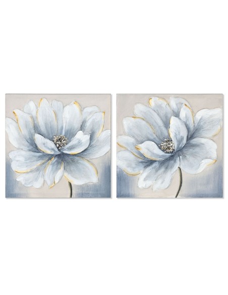 Cadre Home ESPRIT Bleu Blanc Toile Bois MDF Fleur Traditionnel 40 x 2,5 x 40 cm (2 Unités)
