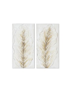 Cadre Home ESPRIT Blanc Doré Toile Bois MDF Feuille d'une plante Romantique 30 x 2,5 x 60 cm (2 Unités)