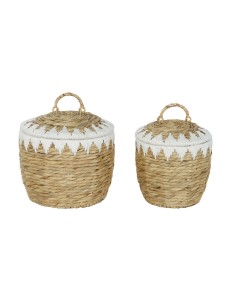 Set de basket Home ESPRIT Blanc Naturel Fibre naturelle Boho 35 x 35 x 37 cm (2 Pièces)