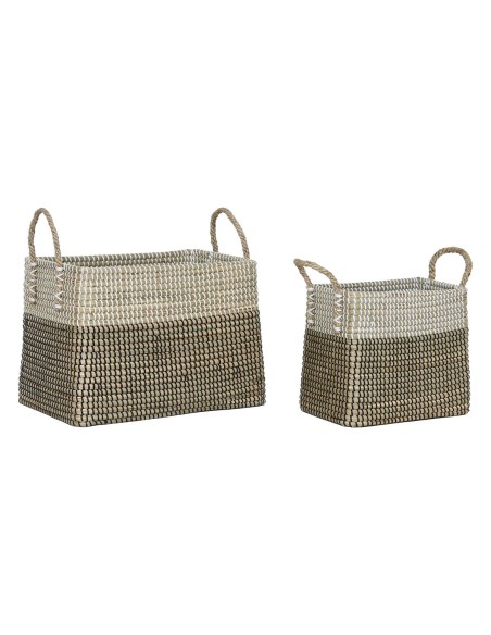 Set de basket Home ESPRIT Blanc Noir Naturel Herbier marin Boho 44 x 25 x 38 cm (2 Pièces)