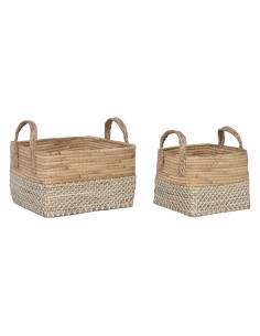 Set de basket Home ESPRIT Blanc Naturel Marron Clair PVC Herbier marin Joncs 43 x 38 x 36 cm (2 Pièces)